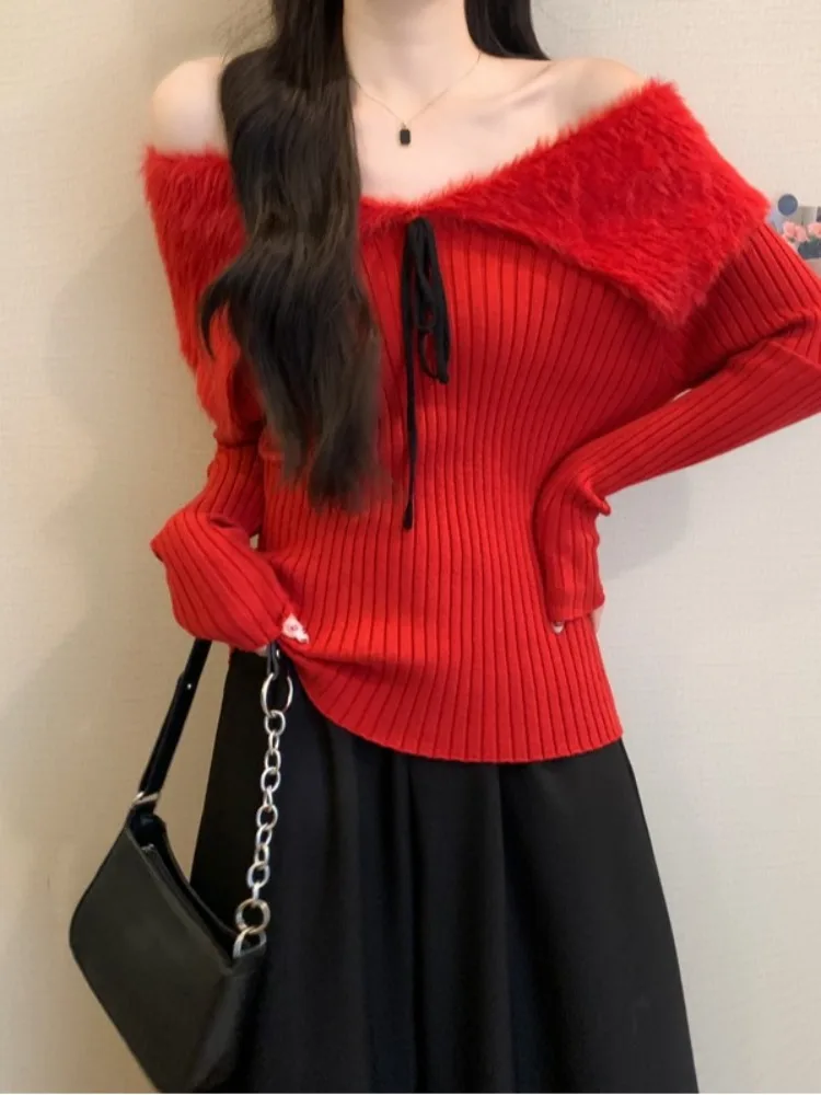 

Red Cisas Sweater 2025 Autumn Winter Faion Ele Lazy Aosphere Mink Patchwork Top Women's Knitted Long Sve Warm