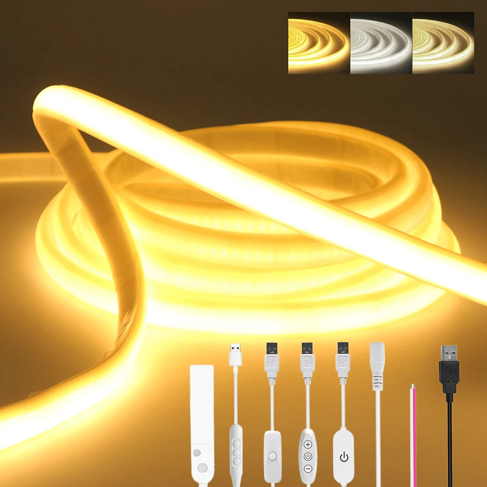 5V COB LED Silicone Neon Strip Light Sensor Auto On/Off Dimming USB/Battery Power Waterproof Flex Linear Lamp 3000K 4000K 6000K