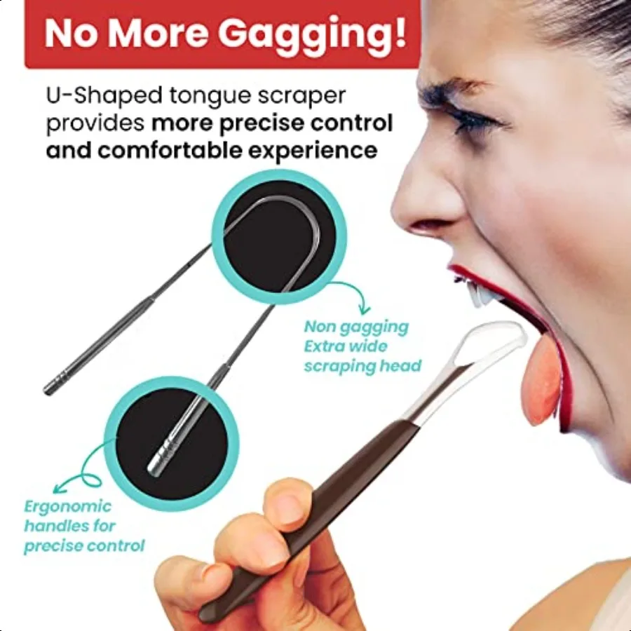 [عبوة من قطعتين] مكشطة اللسان [الصف الطبي] تقلل من رائحة الفم الكريهة ويحافظ على العناية بالفم 100 مكشطة لسان معدنية خالية من مادة BPA