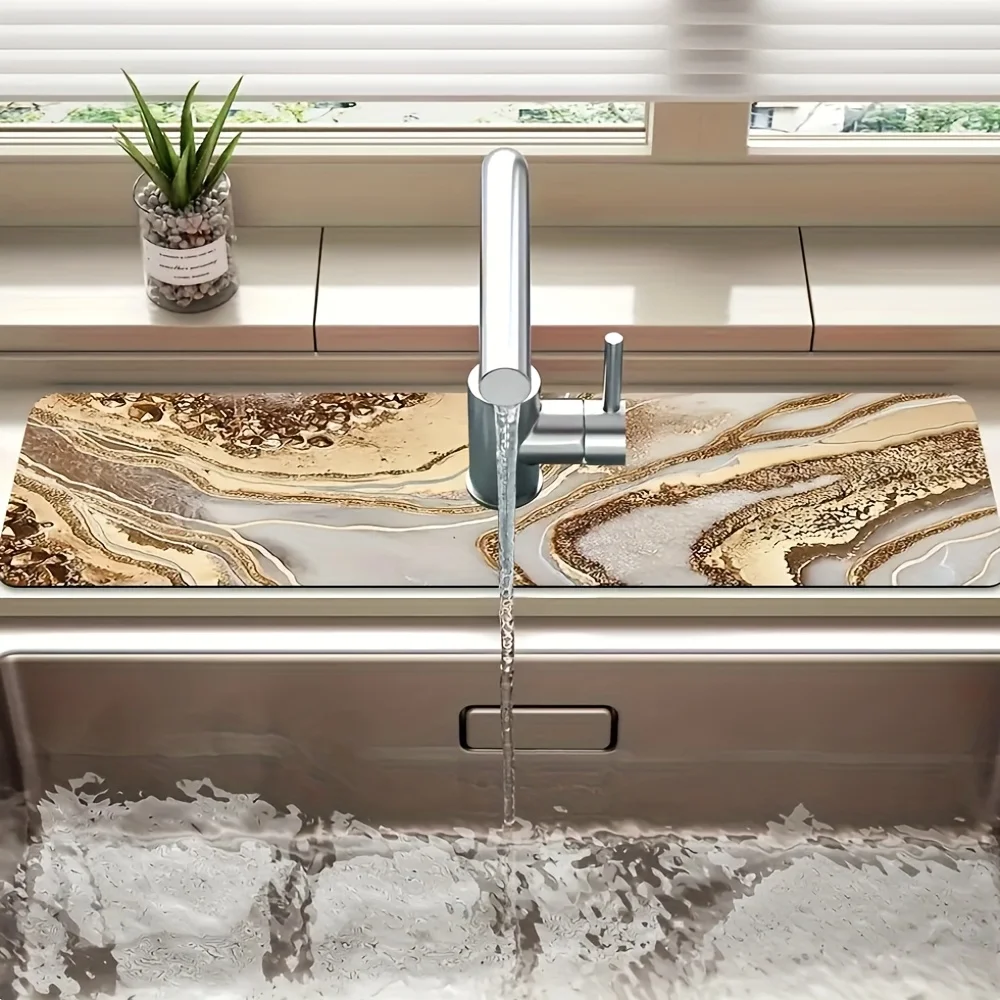 Golden Marble Retro Art Theme Faucet Mat for Home Bathroom Sink Kitchen Rug Pool Water Drainage Mat Dish Drying Mat Table Mat
