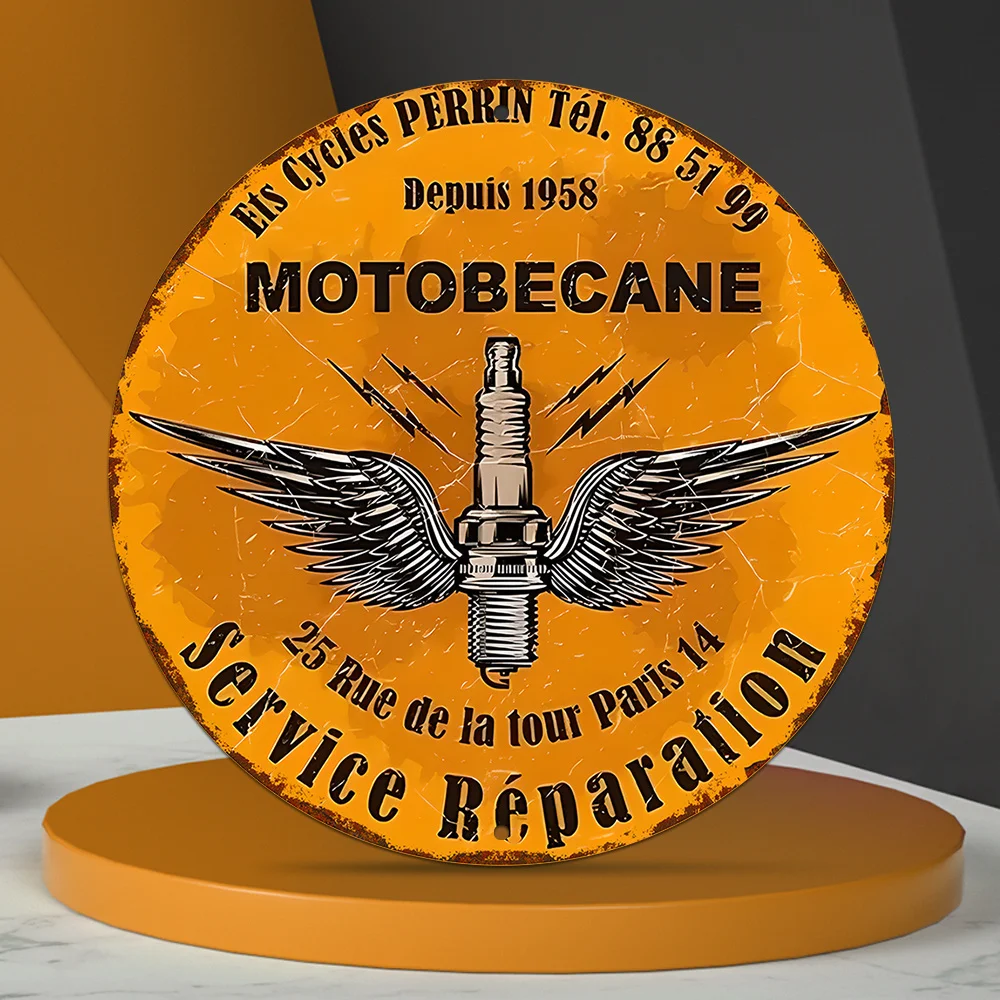 1 Stück MOTOBECANE Vintage Aluminium-Wandschild 20,32 x 20,32 cm – Retro-Motorradkunst mit französischem Text, orange und schwarzes Metallschild für
