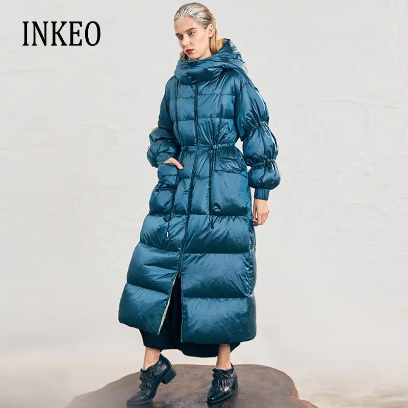 White duck down jacket women\'s winter large size long down coat oversize thickened Adjustable waist Outwear Warm New INKEO 1O130