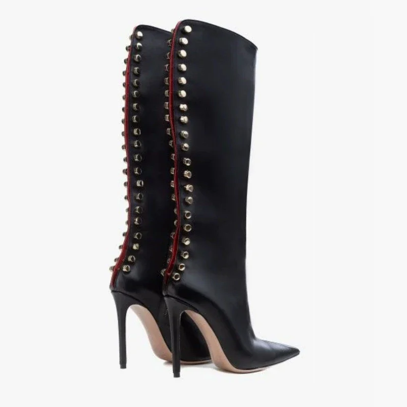 

Черные сапоги до колена на шпильке с острым носком и заклепками, женские зимние сапоги 2026, длинные сапоги на высоком каблуке с боковой молнией, женская модная обувь