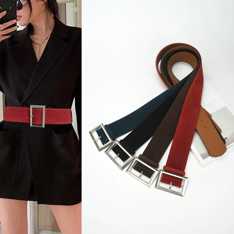 

Vintage Wide Real Leather Waistbands Women Autumn Design Suede Leather Waist Belts Coat Dress Decoration Corset Cowhide Ceinture