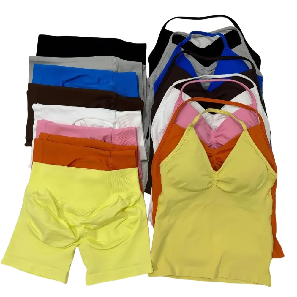 

Бесшовная спортивная одежда для работы против сопротивления, женская мягкая майка с лямкой на шее, спортивные шорты для подтяжки ягодиц, комплект летних шорт для йоги