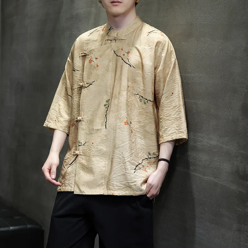 2024 Spring/summer New Chinese Style Shirt Men's Trendy Ice Silk T-shirt Large Tang Dynasty Hanfu Short Sleeved Top Printing