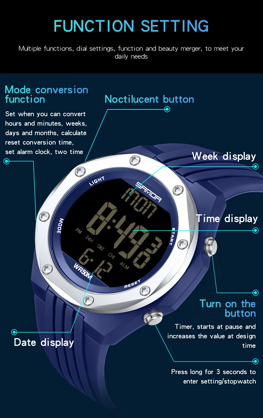 SANDA-reloj deportivo Digital para hombre, cronógrafo Digital LED, electrónico, resistente al agua hasta 50M, novedad, 6093