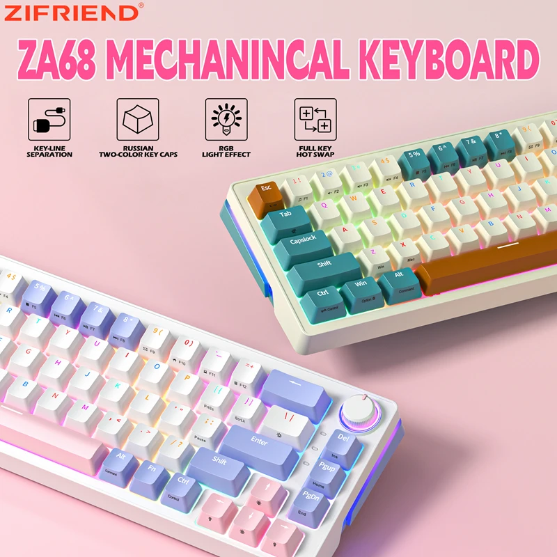 ZIFRIEND ZA68 Pro 무선 기계식 키보드 PBT RGB 유선 블루투스 핫 스왑 가능 65% 60% 게임용 키보드 68 키 2.4GHz 키보드 키캡 키캡 PBT Keycap 샤프트 풀러 포함 키보드 핫스왑 무선 핫스왑 키보드 무선키보드 블루투스 키보드