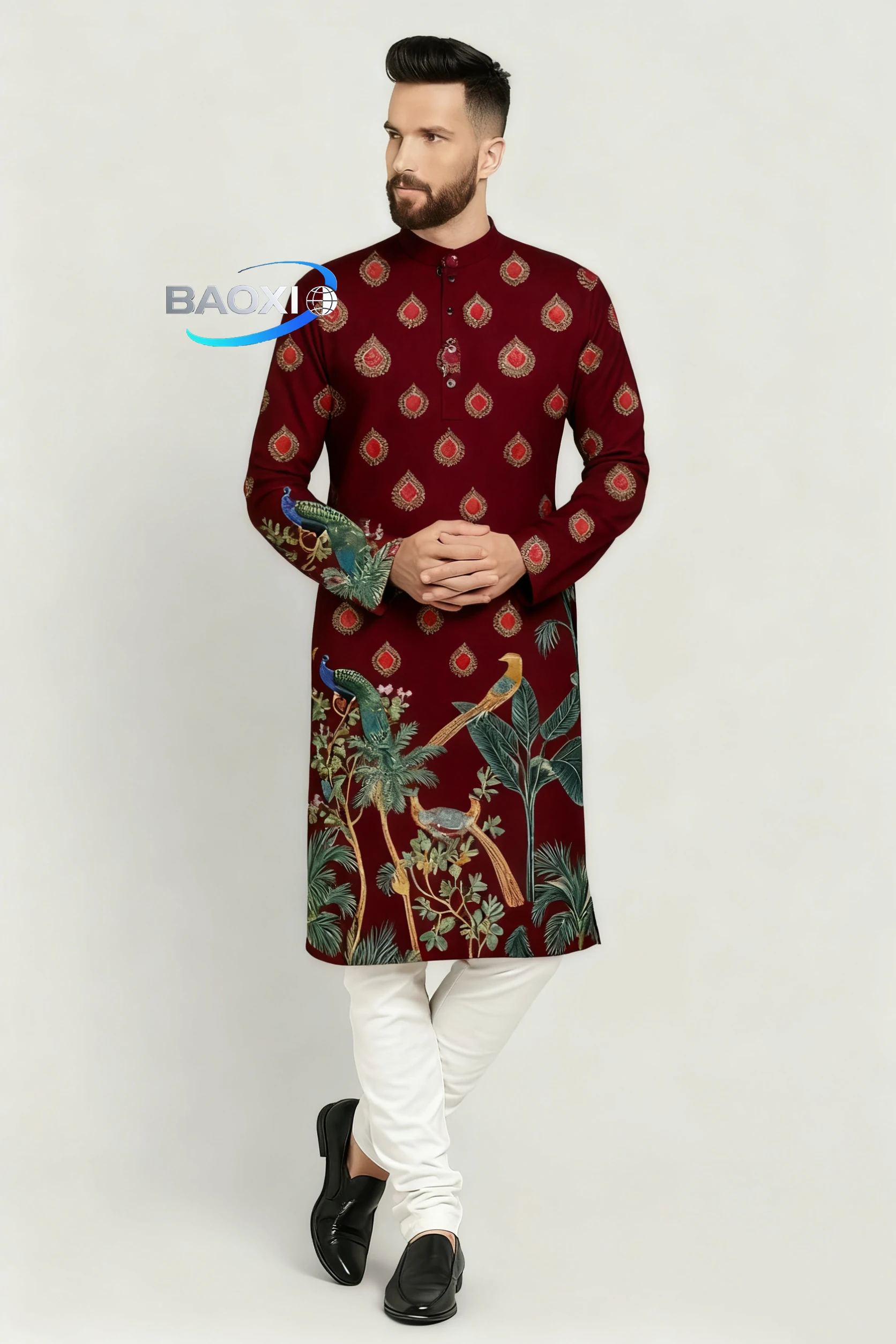 2025 men's printed kurta vardha fitted Mandarin collar long robe suitable for all occasions, such as high-end wedding venues