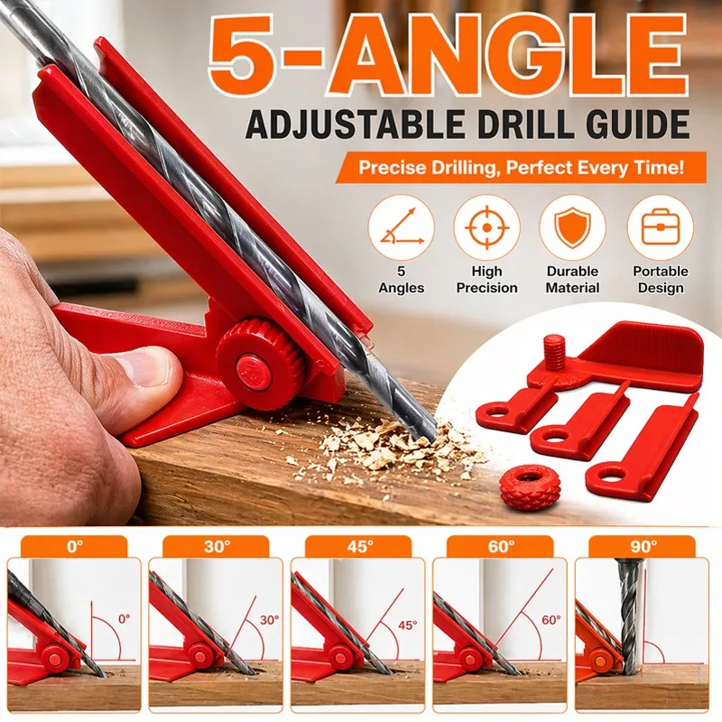 

5-Angle Adjustable Drill Guide 0°30°45°60°90° Precision Positioning Drill Jig 3 Length Replaceable Portable Woodworking DIY Tool