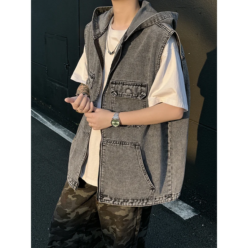 

Men Sleeveless Denim Vest Summer New Japanese Zipper Casual Loose Hooded Tops Fashion Versatile Black Handsome Pockets Coat