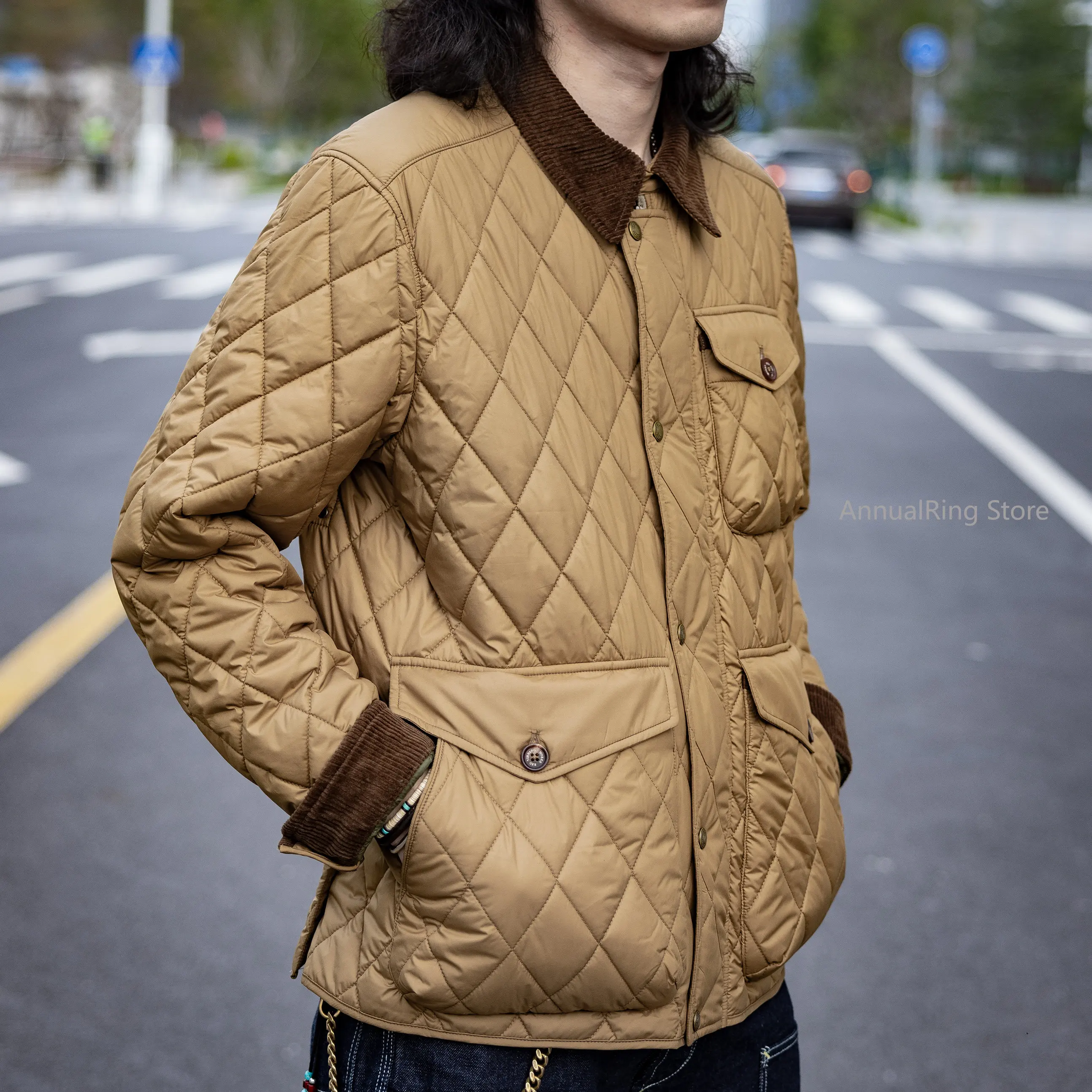 Red Tornado Khaki Heritage Style Diamond Quilted Jacket with Corduroy Collar Multi-Pocket Padded Coat for Men