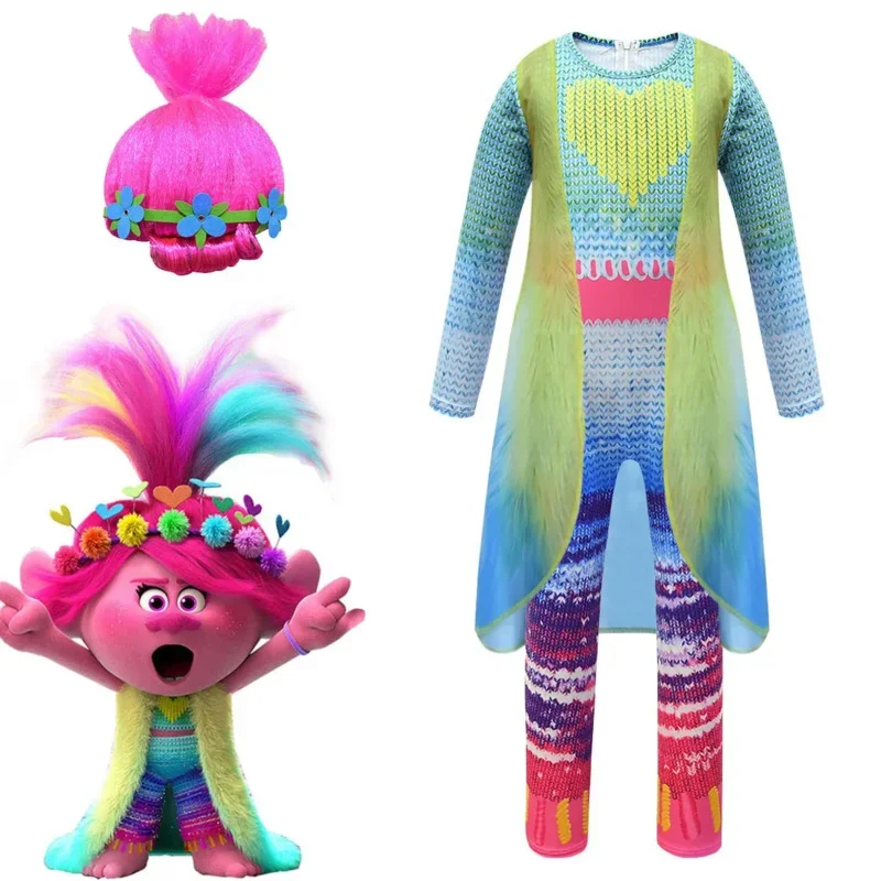 New 2025 trolls 2 Halloween costumes for kids fancy girls cosplay jumpsuit poppy Princess Siamese anime elf world C 94ly