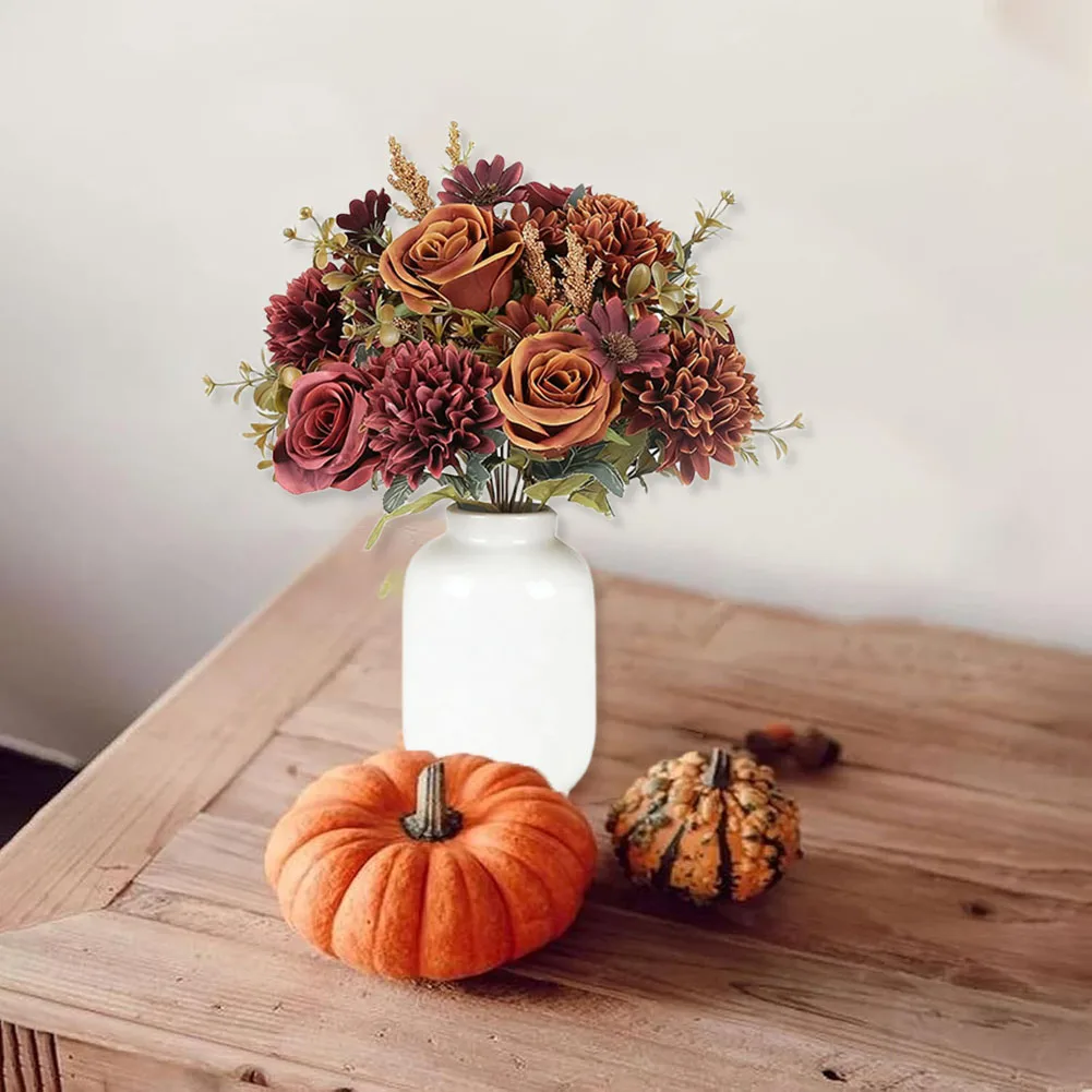

Осенние букеты из искусственного шелка, 2 пучка, оранжевые розы, гортензии для свадебной вечеринки, домашняя ваза, центральное украшение