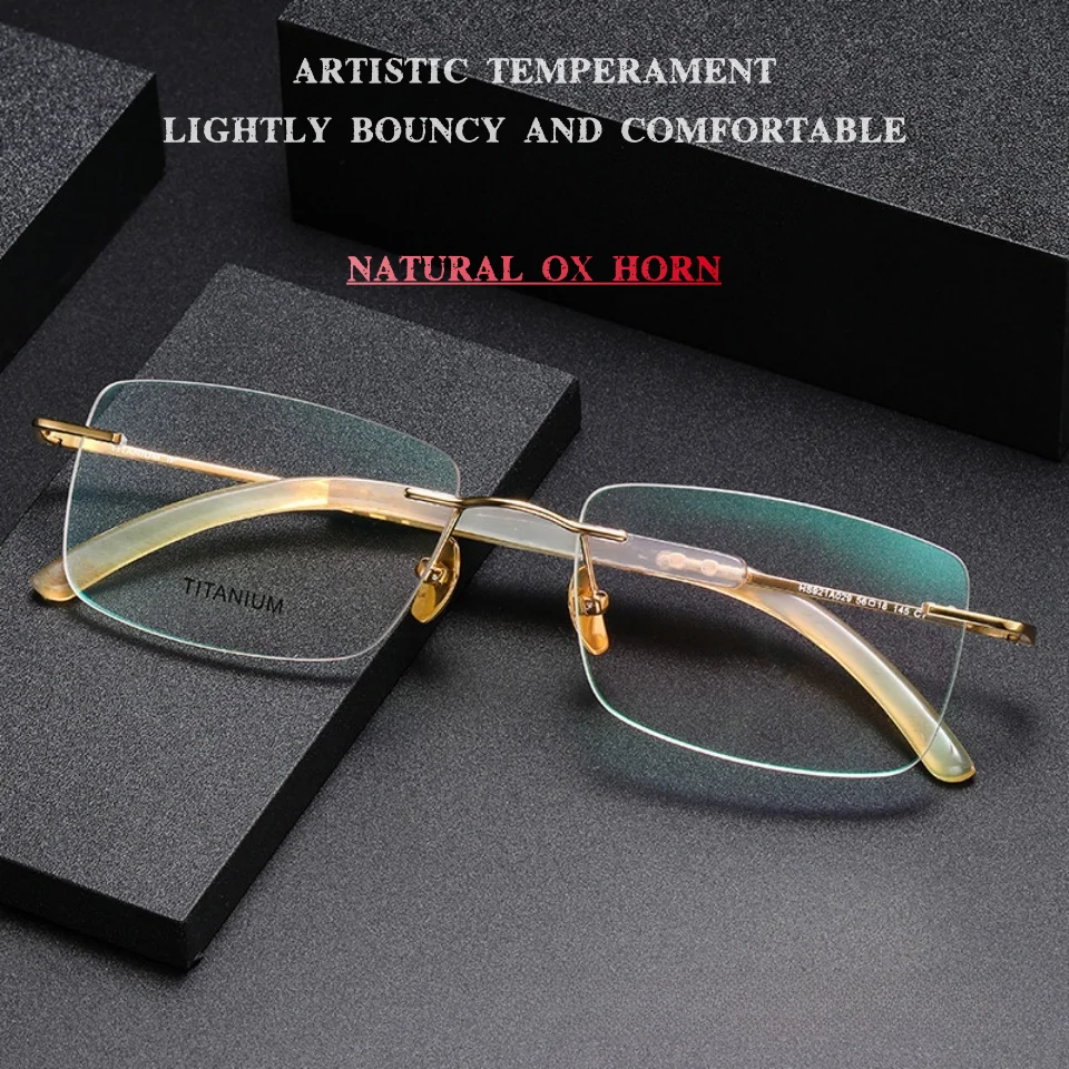 men's elegant temperament natural horn glasses titanium metal eyes women's retro frameless glasses prescription optical Eyeglass