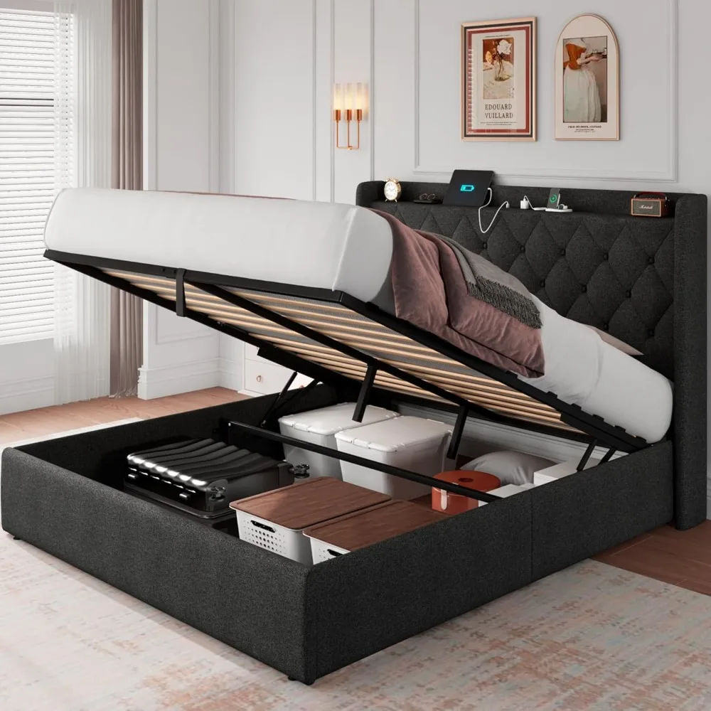 

Lift Up Storage Bed Frame with Charging Station, Upholstered Platform Bed Frame with Tufted Headboard, Hydraulic Storage