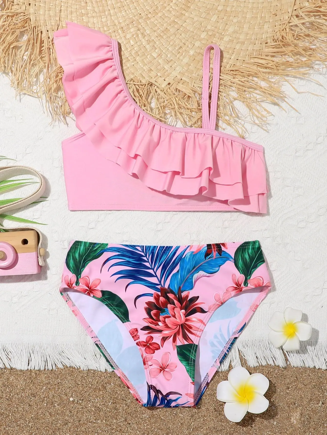 Bikinis con volantes para niñas, traje de baño de un hombro, ropa de playa para niños, 2023
