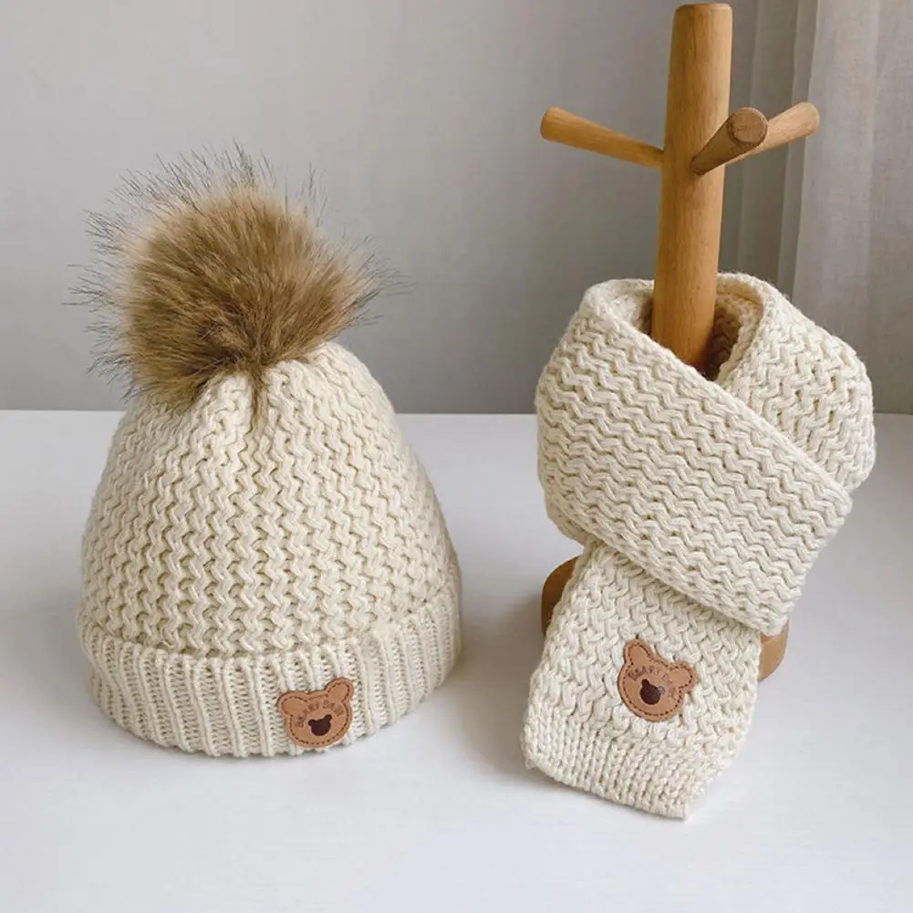 

Kids Winter Hat Scarf Set Cozy Knitted Winter Hat Scarf Set with Pom Pom for Kids Soft Warm Skull Cap Neck Warmer for Boys