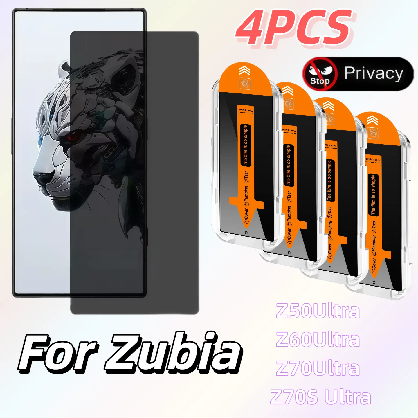 

4PCS Anti-Peeping Tempered Glass Screen Protector for ZTE Nubia Ultra Series - Z50 Z60 Z70 Z70S Dust-Free Privacy Protection