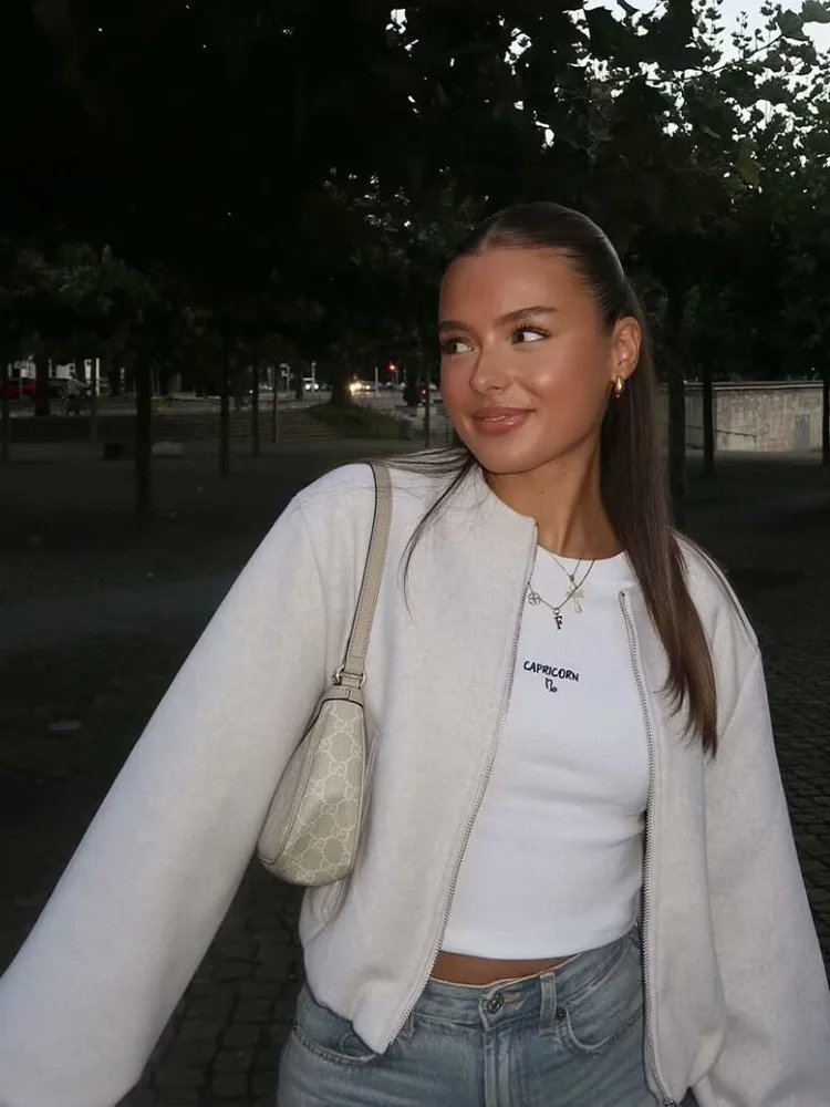 Gray Women Loose Bomber Jacket Vintage Round Neck Long Sleeve Short Coat High Street Autumn Winter Female Coat New In Outerwear