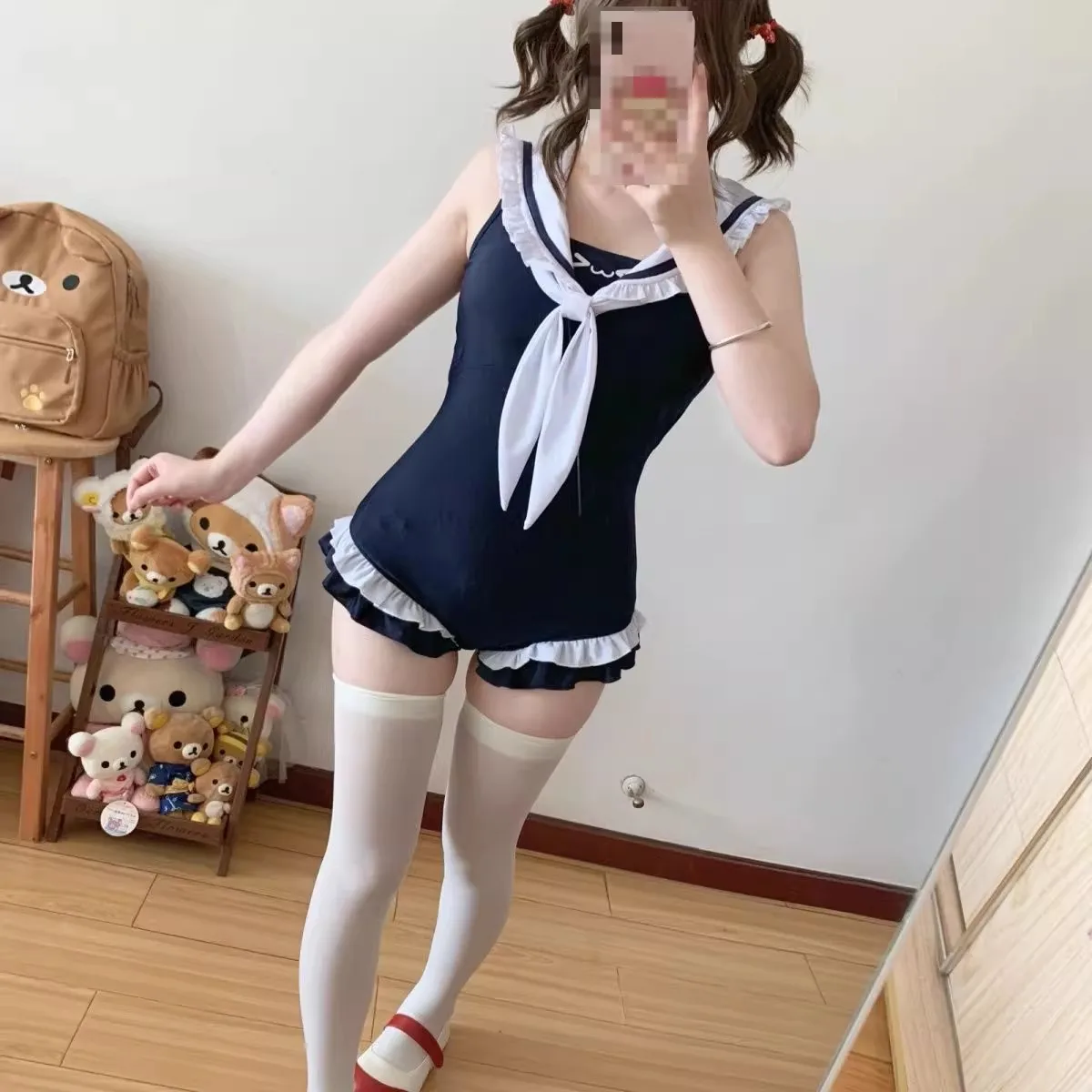 Schulmädchen, Matrosenkragen, Badebekleidung, Bikini, Rüschenkante, einteiliger Monokini, Push-Up-Mädchen, gepolstert, Strandkleidung, Schwimmen, Sommer