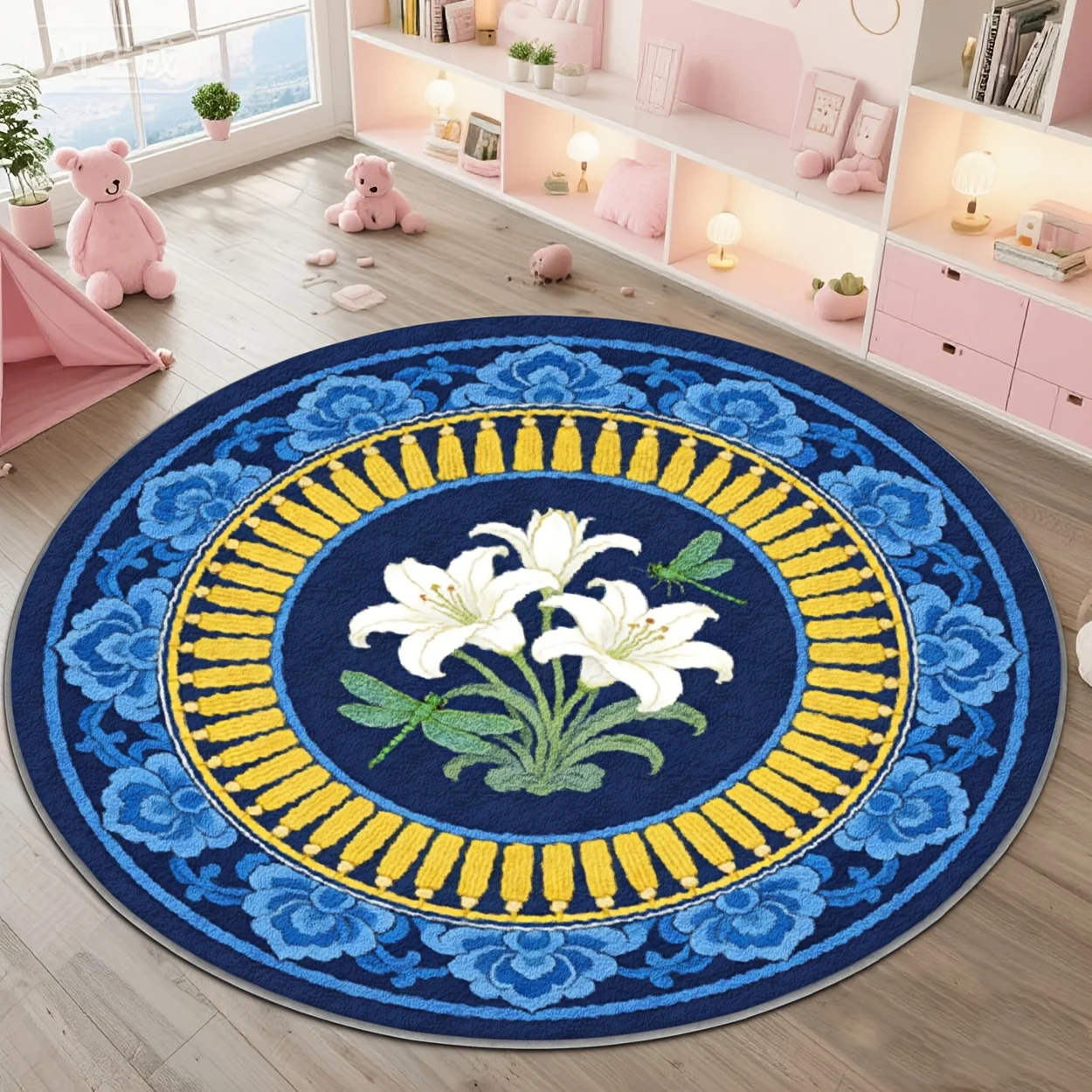 High Quality Round Decorative Floral Area Rug Blue Yellow Lily Pattern Stylish Boho Living Room Carpet Floor Ornament Mat for Ho