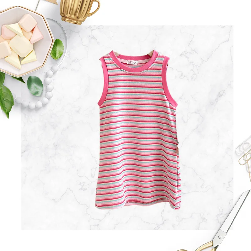 فستان صيفي مخطط للفتيات - فستان قطني مسامي على شكل حرف A مع أشرطة واسعة، متواضع ومريح للعب