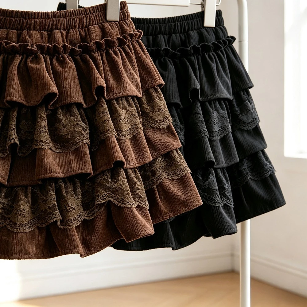 Girls Tiered Lace Cake Skirt Velvet High Waist Mini Skirt Kids Vintage Sweet Ruffle Layered Bottoms Party Daily Wear Fall Winter