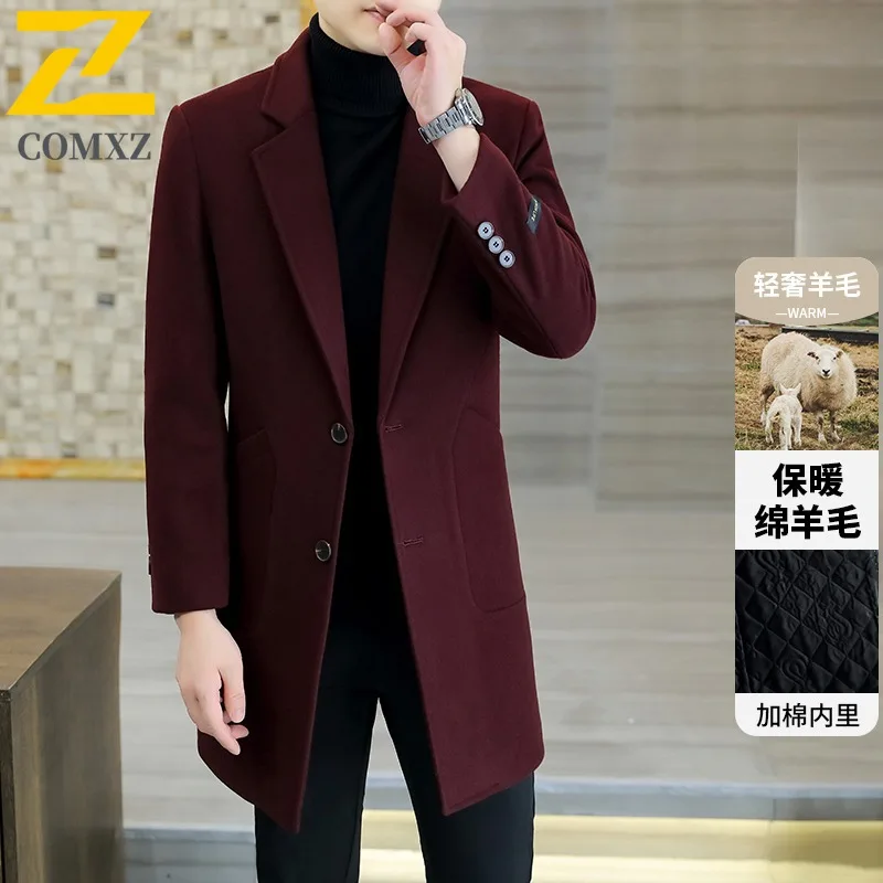 COMXZ Mens Business Wool Trench Coat Autumn Winter Cotton Warm Long Cashmere Wool waterproof windproof lightweight windbreaker