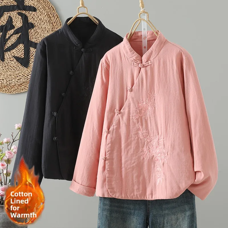 Thickened Cotton Jacket Embroidered Side Button Chinese Style Artistic Large Size High End Anti Aging Commute Winter Coat