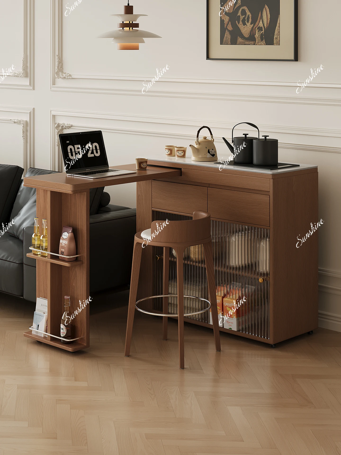 Solid wood bar table, living room partition cabinet, retractable household small apartment balcony mobile tea