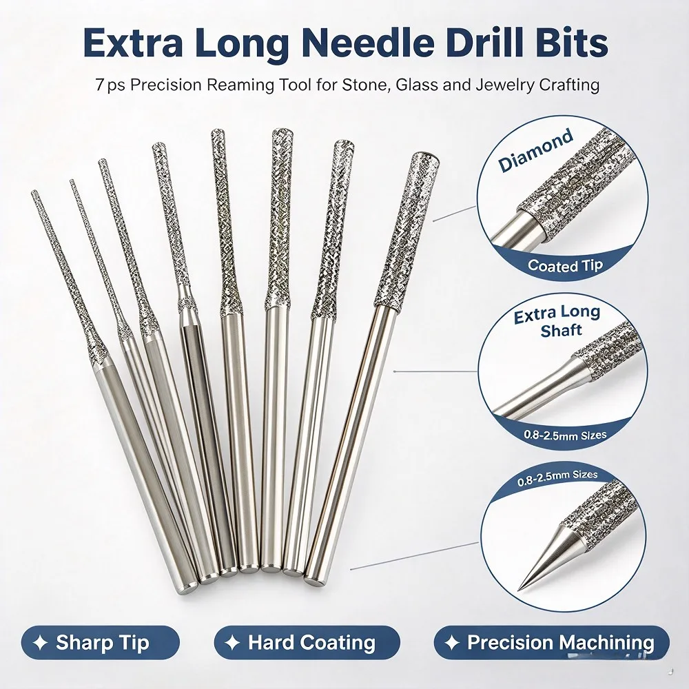 7pcs 0.8-2.5mm Diamond Coated Drill Bits Extra Long Needle Precision Gemstone-Drilling Reaming Tool For Carving Jewelry Crafting