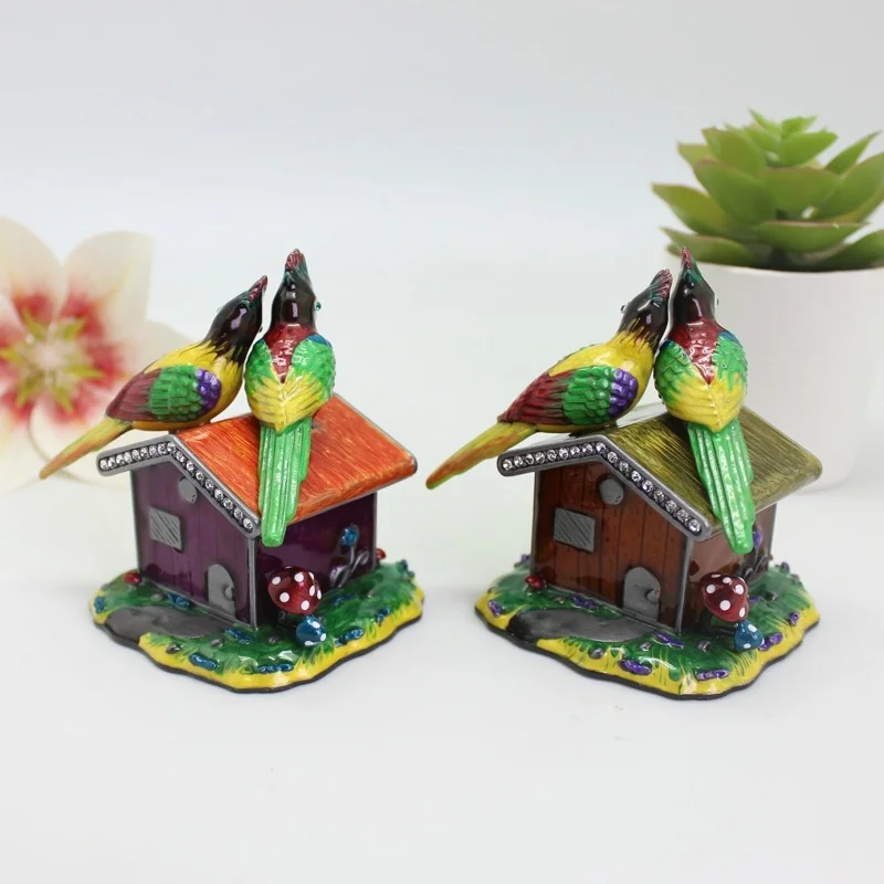 SHINNYGIFTS Hand Painted Enameled Couple Parrot House Decorative Hinged Jewelry Trinket Box Unique Gift for Family