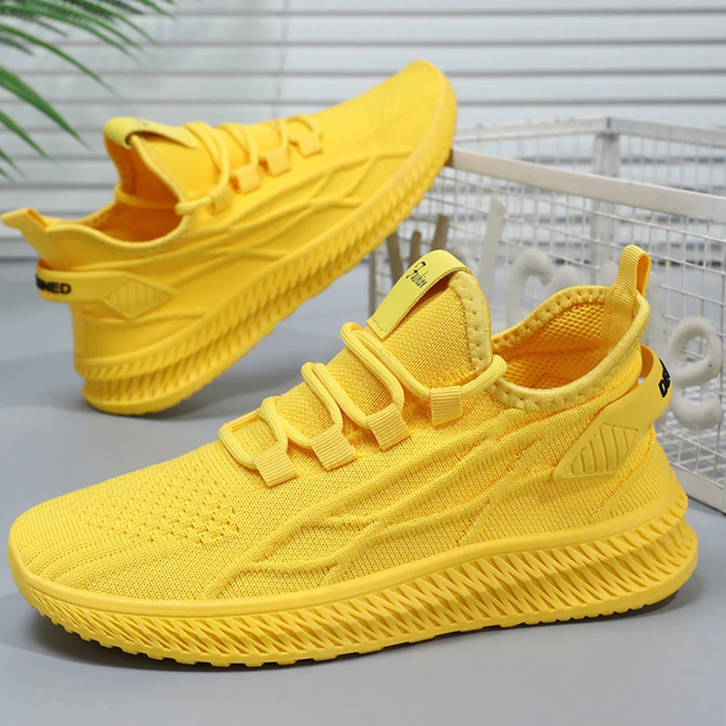 Trendy Summer Comfortable Sneakers Women Outdoor Casual Running Shoes Women\'s Knit Mesh Breathable Sports Shoes Red Yellow