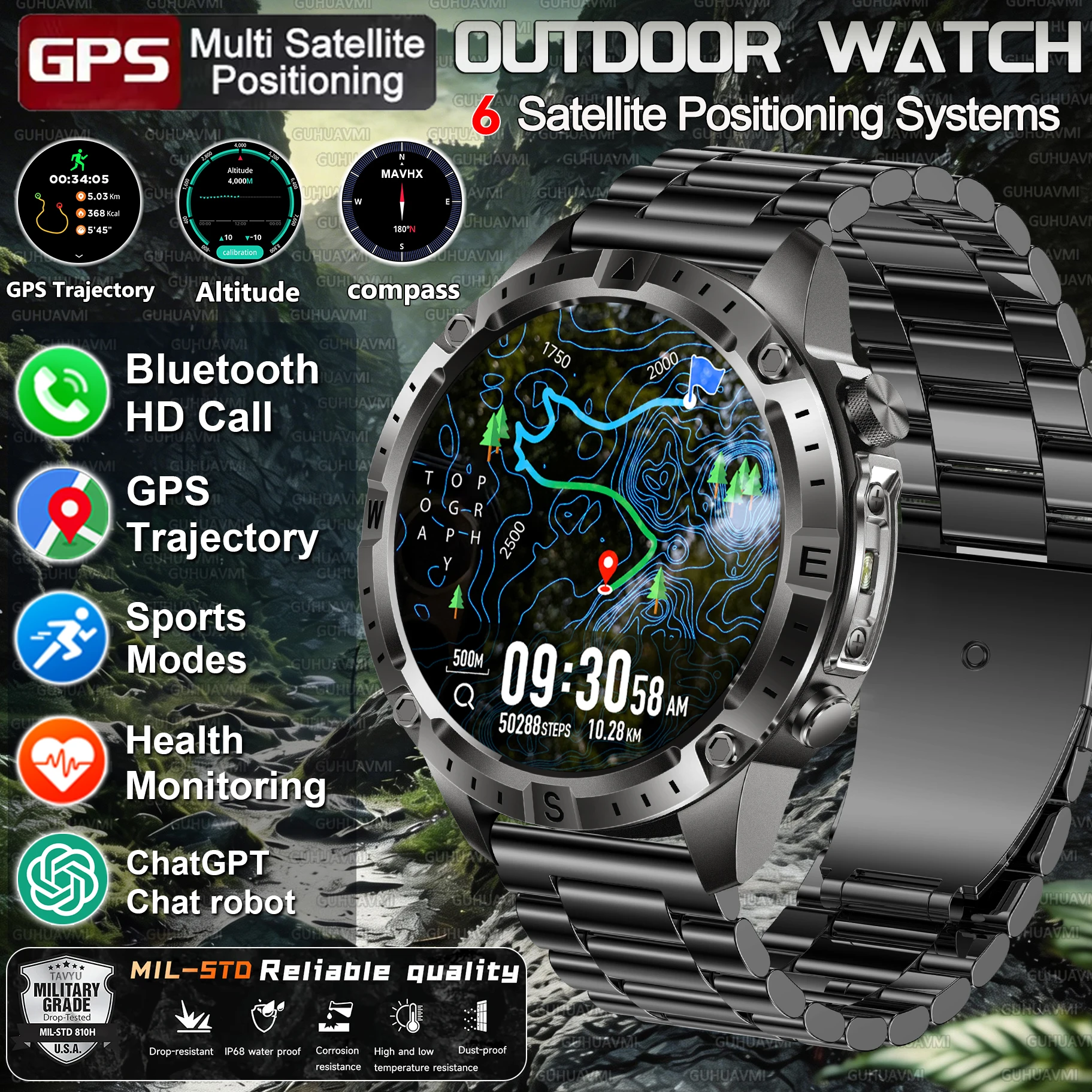 

New Bulit-in GPS Military Outdoor Men Smart Watch Compass Altimeter Sports Bluetooth Call 10ATM Waterproof Heart rate SmartWatch