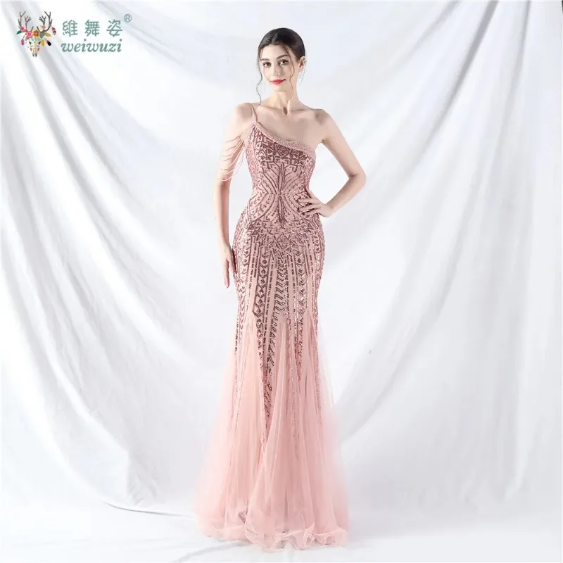 

OneShoulder Sequin Prom FishTail Long Dress Crystal Beaded Strings Pattern Bodycon Lace Evening Dresses Tulle Bottom Formal Gown