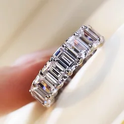 Eternity Full Emerald Cut Lab Zircon Ring 925 Silver Color Party Wedding Band Rings for Women Men Engagement Jewelry Gift