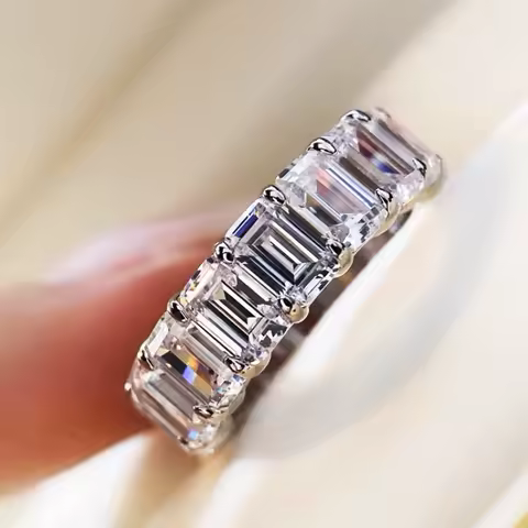Eternity Full Emerald Cut Lab Zircon Ring 925 Silver Color Party Wedding Band Rings for Women Men Engagement Jewelry Gift