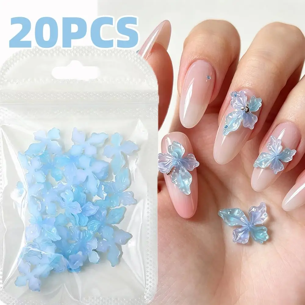 20Pcs 3D Blue Gradient Lily Nail Charms Ice Transparent Crystal Flower Nails Art Decorations for Summer DIY Manicure Accessories