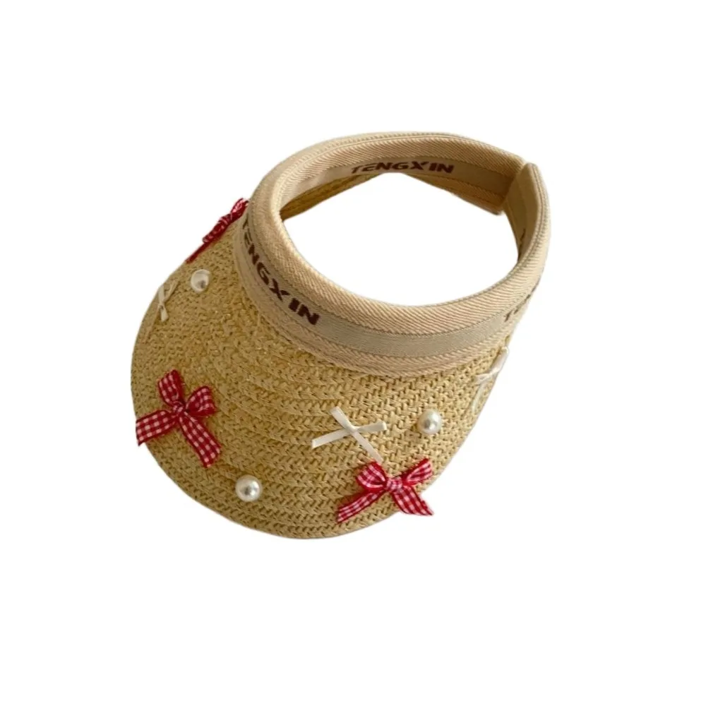

Bowknot Kids Summer Straw Hat Wide Brim Empty Top Large Brim Sun Visor Cap Breathable UV Protection Empty Top Baseball Cap Girl