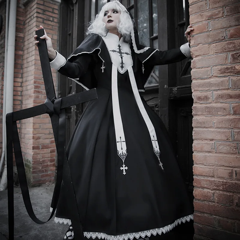 

Church Nun Dress for Women Black Cross Lolita Caped Dresses