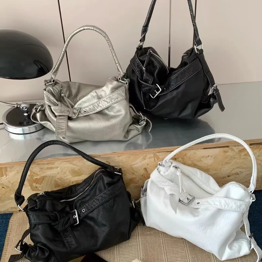 

Washed Leather Retro Korean 2025 Spring Retro Spicy Girl Motorcycle Large Capacity Single Shoulder Crossbody Tote Women's Bag