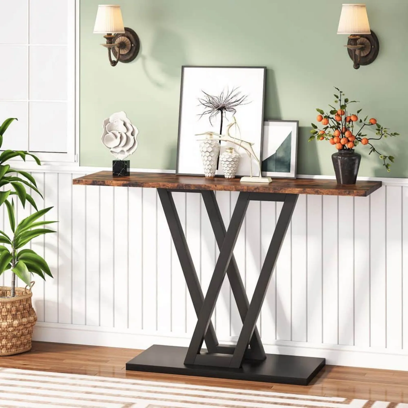 US-42-31 em. Marrom e preto 31,5 "retângulo madeira Console tabela com quadro durável do metal