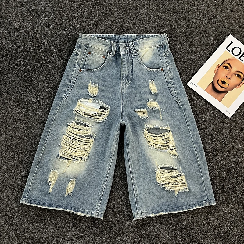 

Мужские летние рваные джинсовые шорты с карманом на молнии, прямые шорты с синими дырками, американские повседневные модные уличные джинсы до колена