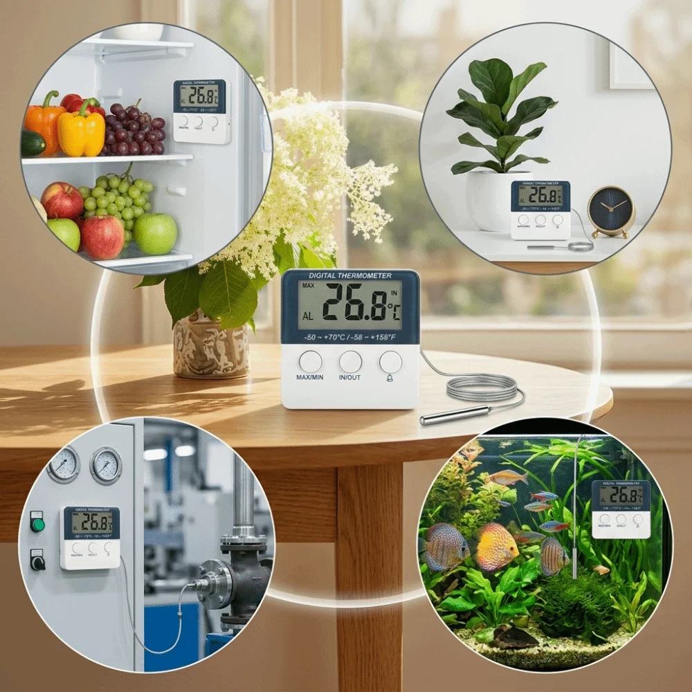 Blue White Digital Temperature Gauge Digital Display ‑50℃~+70℃ Range Indoor Outdoor Temperature Gauge Compact Mini