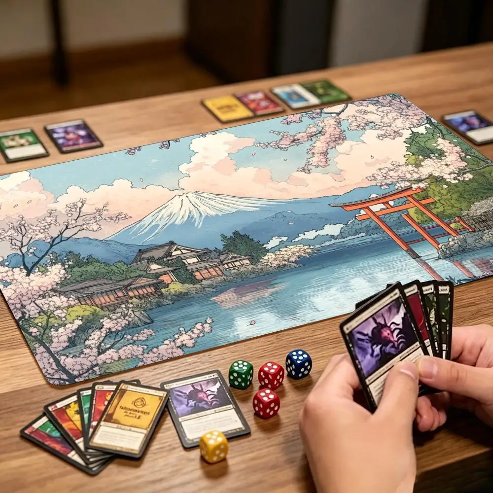 TCG Tabletop Playmat Vintage Fuji Mountain Sakura Art Print Large Non Slip Rubber Pad Smooth Cloth For Trading Card Table Gaming