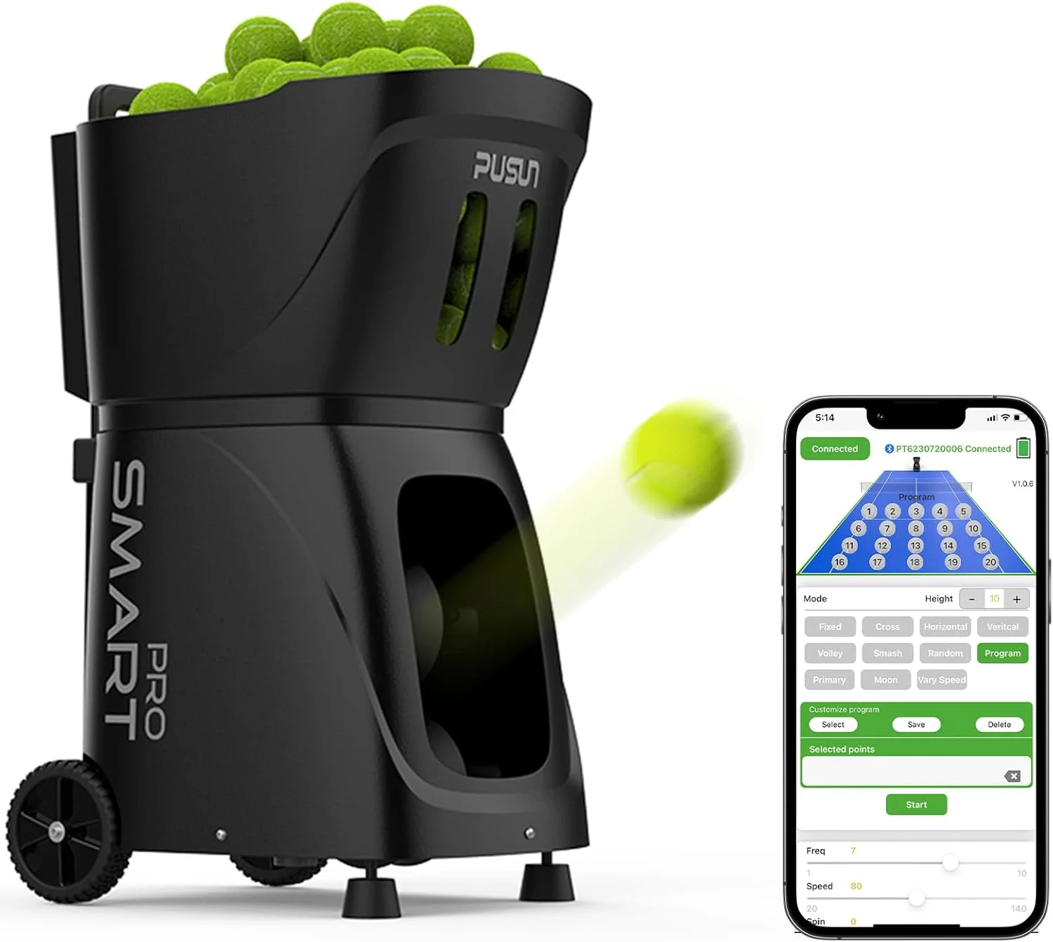 Pusun Automatic Tennis Ball Machine, Smart APP Controlled Tennis Ball Shooting Machine For Club & Home Practice