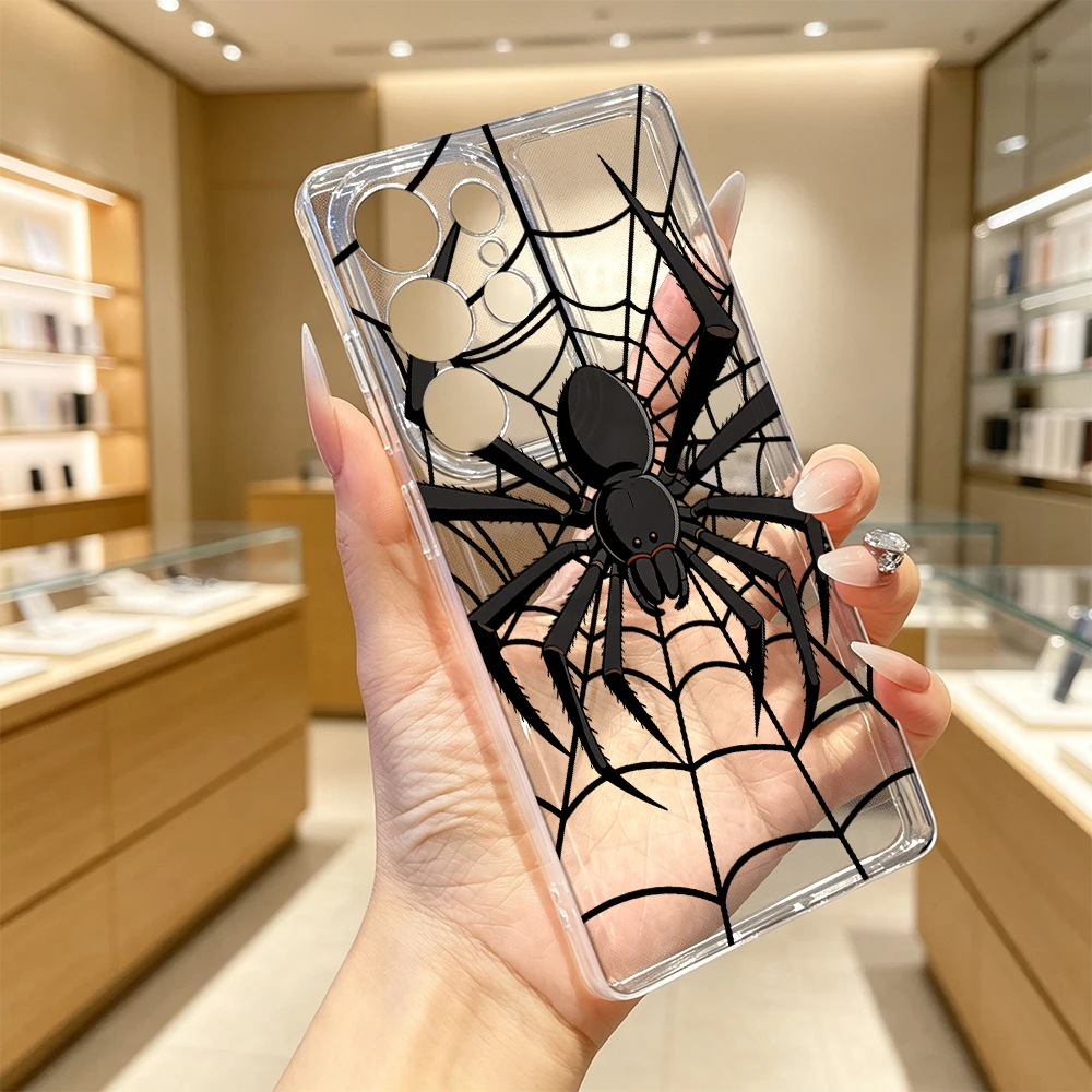 Black Spider Web Phone Case For Samsung Galaxy S26 S25 S24 S23 S22 Ultra FE A15 A16 A25 A35 A54 A55 A56, Anti-Yellow Case
