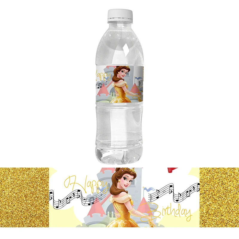 6pcs Baby Shower Self-adhesive Water Bottle Stickers Label Decorations Beauty and The Beast Theme Happy Birthay Party Supplies