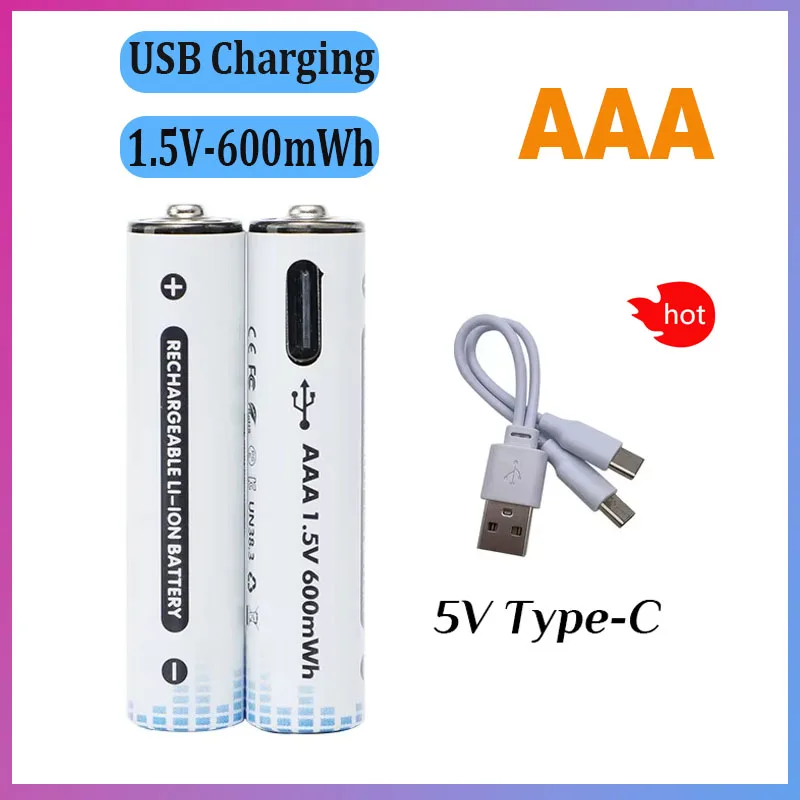 AAA 1.5V 600mWh Rechargeable Li-ion Battery for Toy Remote Control Learning Machine Toy Belt USB Type-c Fast Charging